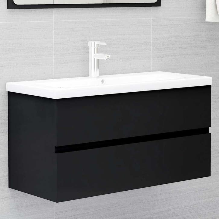 vidaXL Wastafelkast 90x38,5x45 cm bewerkt hout zwart, Maison & Meubles, Salle de bain | Meubles de Salle de bain, Envoi