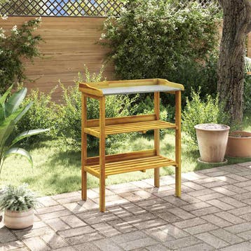 vidaXL Oppottafel met 2 schappen massief acaciahout en zink, Maison & Meubles, Tables | Tables d'appoint, Verzenden