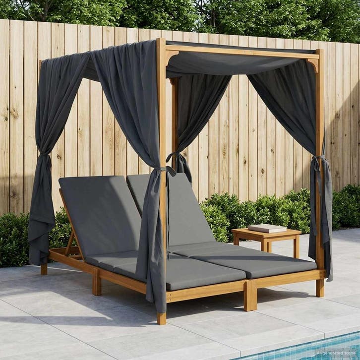 vidaXL Tweepersoons ligbed met luifel en gordijnen Massief, Tuin en Terras, Ligbedden, Nieuw, Verzenden