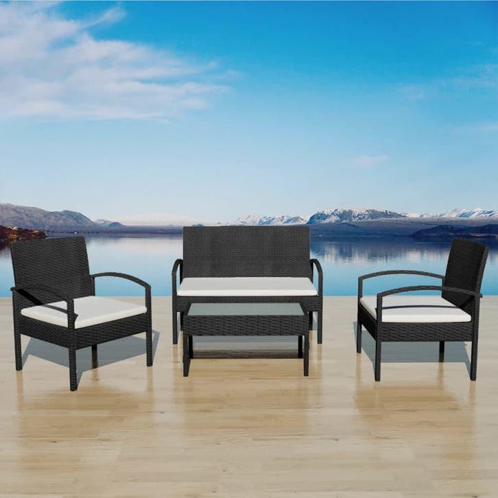 vidaXL 4-delige Loungeset met kussens poly rattan zwart, Tuin en Terras, Tuinsets en Loungesets, Loungeset, Nieuw, Verzenden