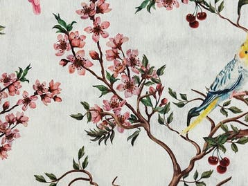 Panama-stof Tropische Chinoiserie met Kakatoe, Gabbie, Antiek en Kunst