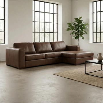 Leren hoekbank Flow - 2 zits + longchair, Nieuw, Ophalen of Verzenden, Modern, 200 tot 250 cm