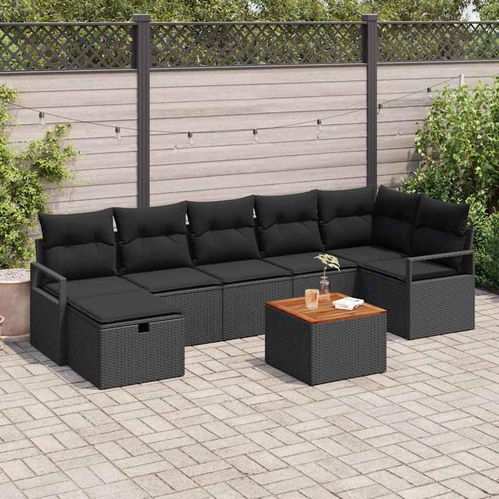 vidaXL Tuinbank Set met kussen met opslag 8 pcs Zwart Poly, Tuin en Terras, Tuinsets en Loungesets, Nieuw, Verzenden