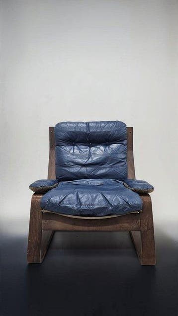 Fauteuil - Cuir, Bois - Fauteuil vintage bleu en cuir de, Antiquités & Art