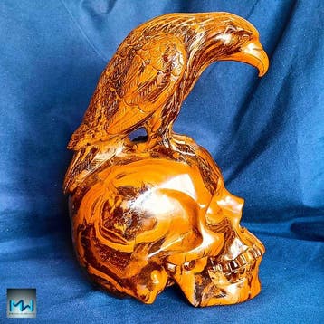 Sculptuur van een kraai op een menselijke schedel, met de