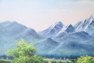Huile sur toile – Vue majestueuse des Alpes du Nord du Japon, Antiquités & Art