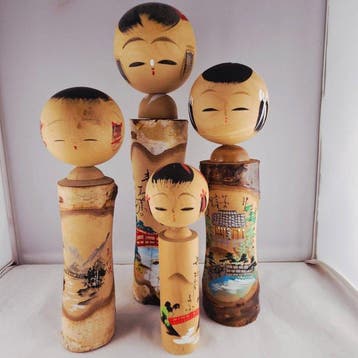 Famille japonaise de quatre personnes, kokeshi vintage -, Antiquités & Art