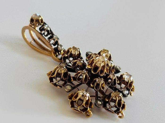 Hanger - 14 karaat Geel goud, Zilver, Oud diamant-hanger,, Bijoux, Sacs & Beauté, Bijoux anciens
