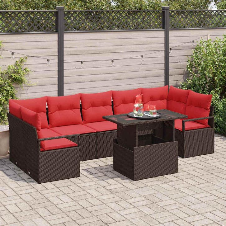 vidaXL Tuinbank Set met kussen 8 pcs Bruin en Rood poly, Tuin en Terras, Tuinsets en Loungesets, Nieuw, Verzenden