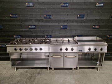 Combisteel kooklijn | 6-pits gasfornuis, dubbele friteuse,, Gebruikt, Fornuis, Frituur en Grillen