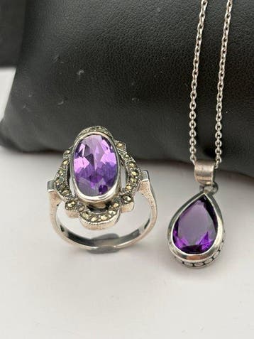 Argent - Bague - Set améthyste et marcasite, Bijoux, Sacs & Beauté