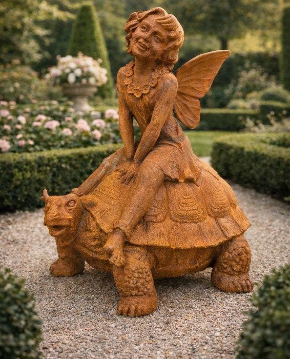 Beeld, XXL Fairy on Turtle - 82 cm - IJzer - 2026, Antiquités & Art, Curiosités & Brocante