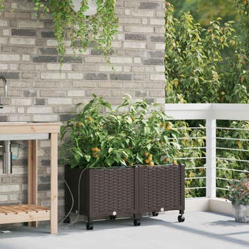 vidaXL Tuin Plantenbak met Irrigatie en Wielen 2 st Bruin PP, Verzenden