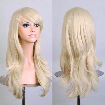 Luxe Lange Lichtblonde Pruik Schuine Pony Witblond Lady Gaga, Ophalen of Verzenden