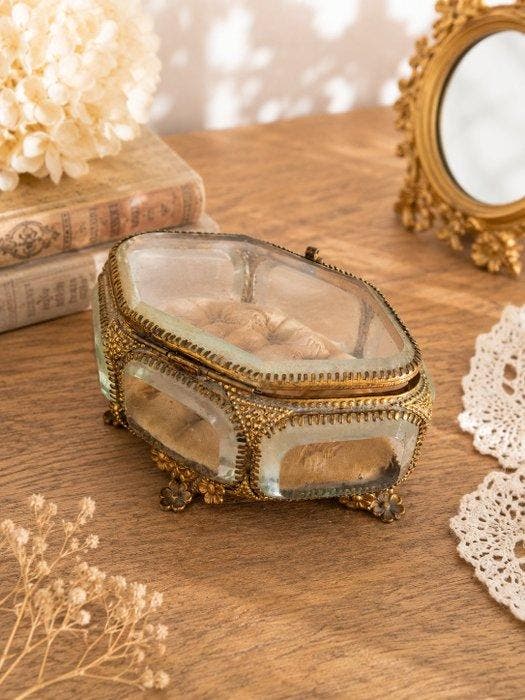 Boîte à bijoux - Laiton, Verre, tissu, Antiquités & Art, Antiquités | Autres Antiquités