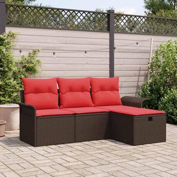 vidaXL Tuinbank Set 4 st Bruin en Rood poly rattan, Verzenden, Nieuw