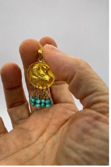 Hanger - 18 karaat Geel goud Turquoise, Handtassen en Accessoires