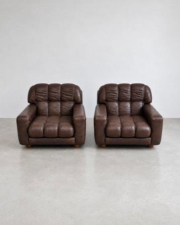 Fauteuil - Cuir - Paire de fauteuils lounge vintage