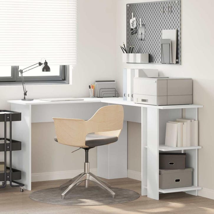 vidaXL Hoekbureau met plank Wit 140 x 113,5 x 75 cm Bewerkt, Maison & Meubles, Bureaux, Envoi