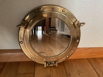 Spiegel- Robuuste Koperen Scheepsspiegel (Patrijspoort, Antiek en Kunst