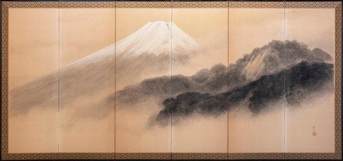 Een zesdelige Bybu () die de berg Fuji gehuld in mist, Antiquités & Art, Antiquités | Autres Antiquités