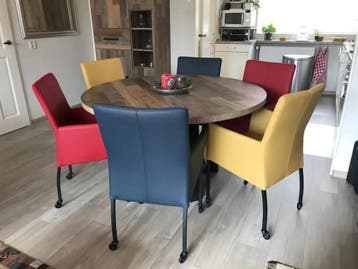 Set van 6 leren eetkamerstoelen met wieltjes en armleuning, Ophalen of Verzenden