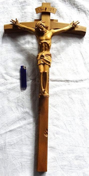 Vintage Crucifix - Lindehout - 1970-1980 - Jezus - 60 cm, Antiek en Kunst