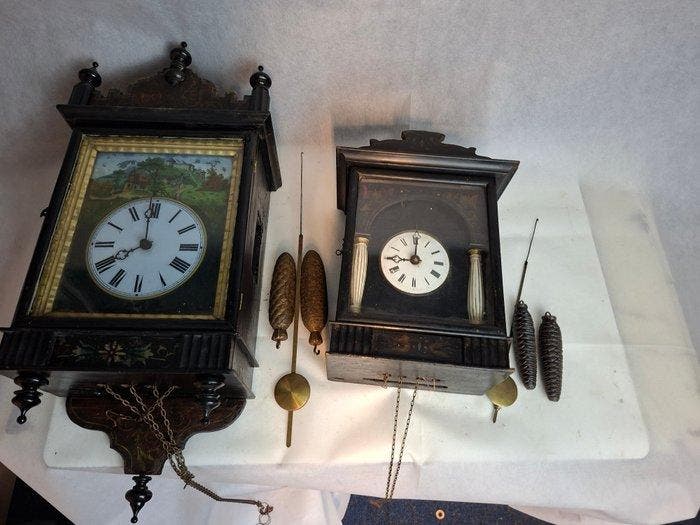 Horloge murale - Bois, Laiton - 1850-1900 - Deux, Antiek en Kunst, Antiek | Klokken