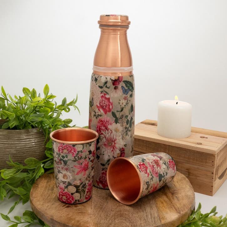 Puur koperen set van fles bloemenprint wit ± 950 ml met 2, Sport en Fitness, Gezondheidsproducten en Wellness, Ophalen of Verzenden