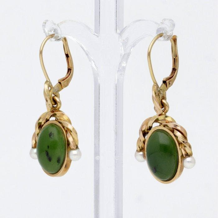 Oorbellen - 18 karaat Geel goud, Roségoud Jade - Parel -, Handtassen en Accessoires, Oorbellen