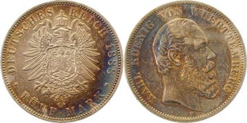 Duitsland 5 Mark Karl Koenig v Wuerttemberg 1888 F J173 t..., Verzenden, België