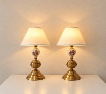 Bureaulamp - Paar tafellampen van messing en porselein in
