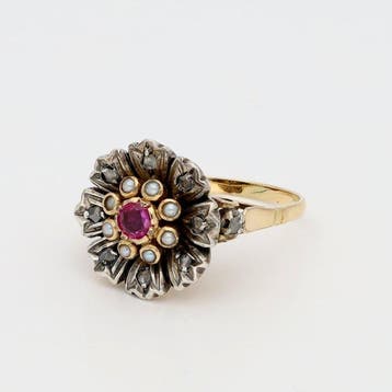 Bague - 14 carats Or jaune, Argent Rubis - Perle - Diamant /