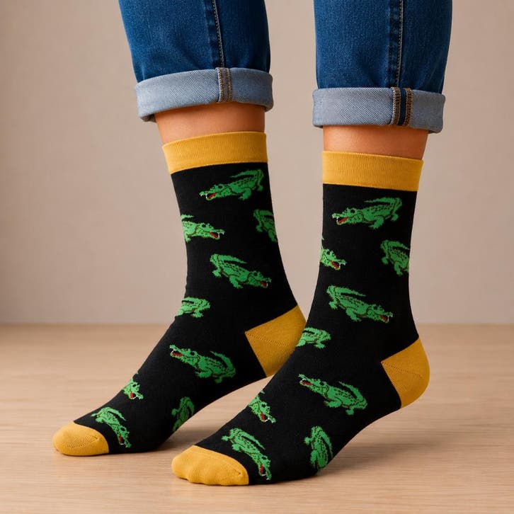 Sokken Katoen - Krokodil Print - Zwart Geel Groen - Maat, Vêtements | Femmes, Chaussettes & Bas