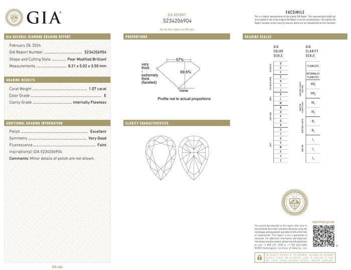 1 pcs Diamant (Naturelle) - 1.07 ct - Poire - E - IF -, Bijoux, Sacs & Beauté, Pierres précieuses