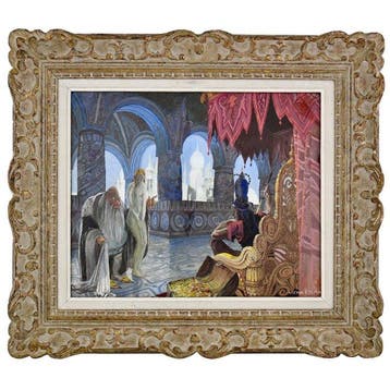 Victor Colma - Art Deco aquarel harem met koning en slavin
