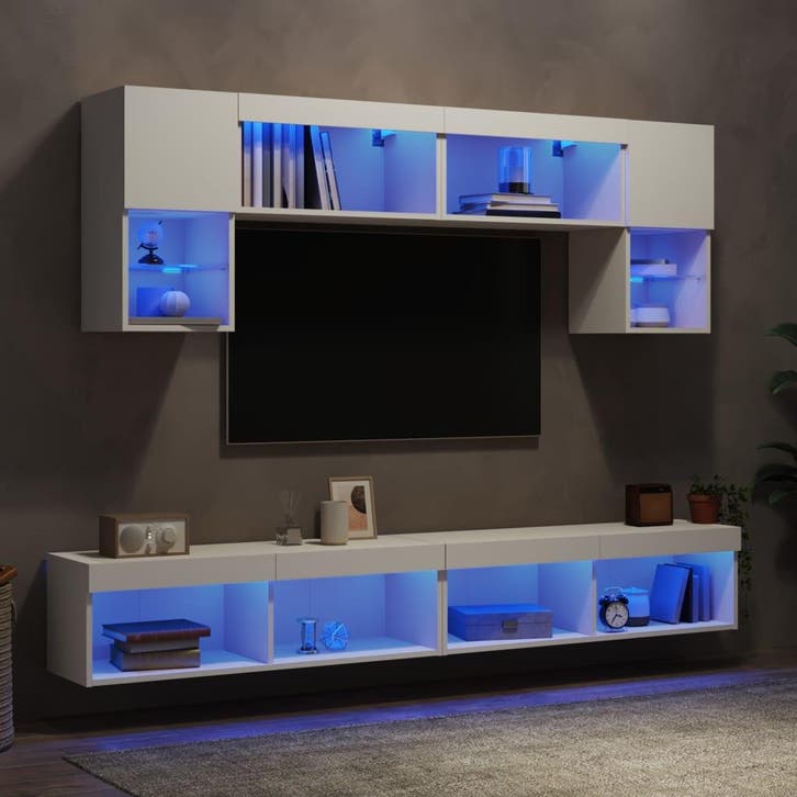 vidaXL 6-delige Tv-wandmeubelset met LED-verlichting bewerkt, Maison & Meubles, Armoires | Mobilier de télévision, Envoi