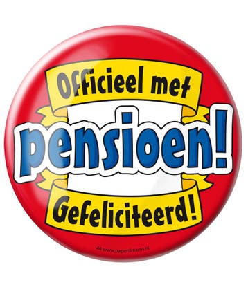 Button Officieel met Pension Gefeliciteerd 10,2cm, Verzenden, Nieuw