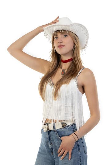 KIMU® Cowboyhoed Wit Strass Steentjes Witte Cowboy Western H, Ophalen of Verzenden, Nieuw