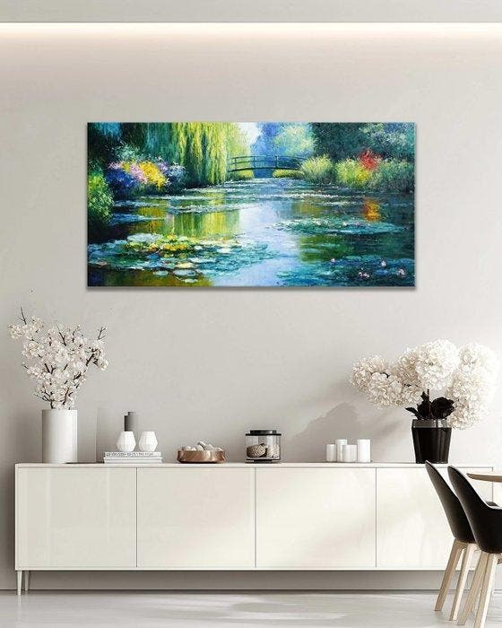 Stefano - Bridge Over Lily Pond, Antiek en Kunst, Kunst | Schilderijen | Modern
