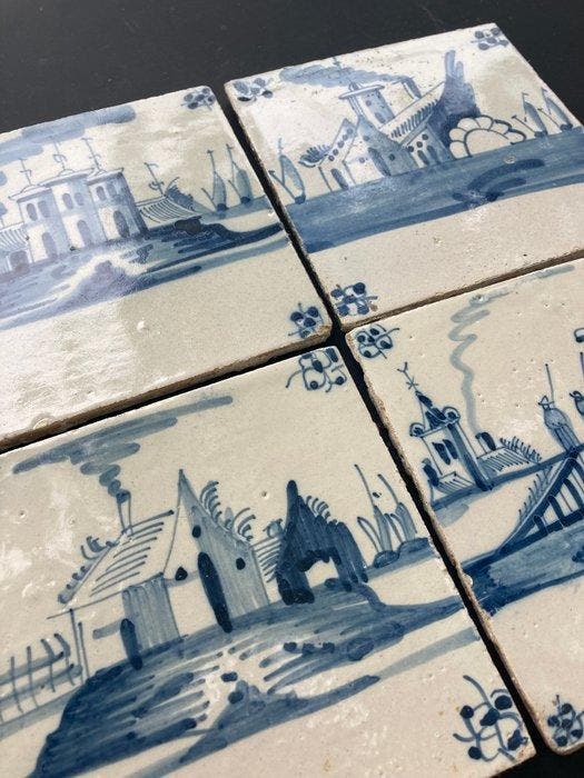 Tegel - Antieke Delfts blauwe tegels met kastelen, brug en, Antiek en Kunst, Antiek | Glaswerk en Kristal