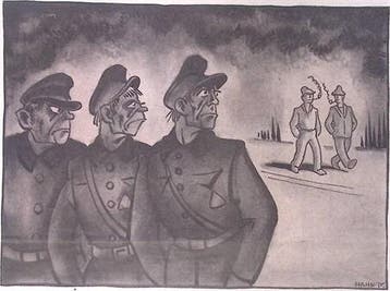Fascisten durven arbeiders niet aan op spotprent (Lithos), Antiek en Kunst, Verzenden