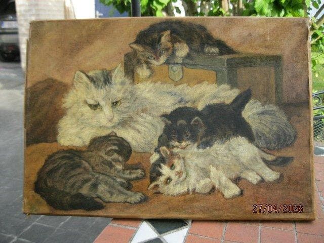 Hollandse School (XX) - Moederpoes met kittens, Antiquités & Art, Art | Peinture | Classique