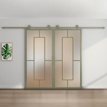 Dubbele stalen schuifdeur - Olijfgroen - 5 Vlaks - Mat glas