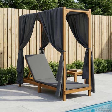 vidaXL Enkele zonnebed met luifel en gordijnen Massief, Tuin en Terras, Verzenden, Nieuw