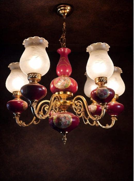 Lustre - Porcelaine, Verre, Laiton - lustre classique, Antiquités & Art, Curiosités & Brocante