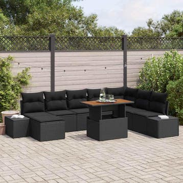 vidaXL Tuinbank Set 9 st Zwart Poly rattan, Verzenden