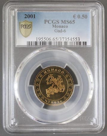 Monaco Km 172 50 Cent 2001 Ritter Grimaldi Pcgs Ms65, Verzenden, België