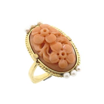 Vintage gouden ring met bloedkoraal en parel, Ophalen of Verzenden