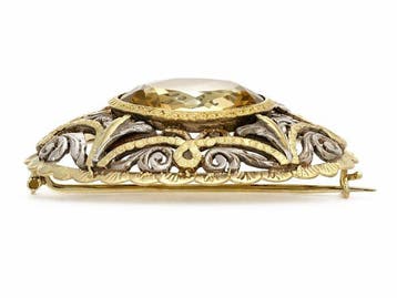Broche - 18 carats Or jaune, Argent Quartz - Fabriqué en, Handtassen en Accessoires, Antieke sieraden